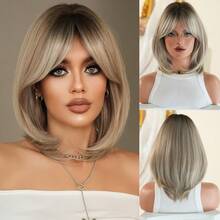 7JHH WIGS Tóc giả bob ngắn ngang vai màu vàng nhạt cho nữ, kiểu tóc thẳng ngắn tỉa lớp với mái rẽ, chân tóc tối màu, chất liệu sợi tổng hợp chịu nhiệt, thích hợp cho các bữa tiệc hàng ngày, các ngày lễ, lễ hội âm nhạc, quà tặng tốt nghiệp và quà tặng cho mẹ, phụ kiện tóc giả dài 14 inch. - Vàng lanh - Xem 13