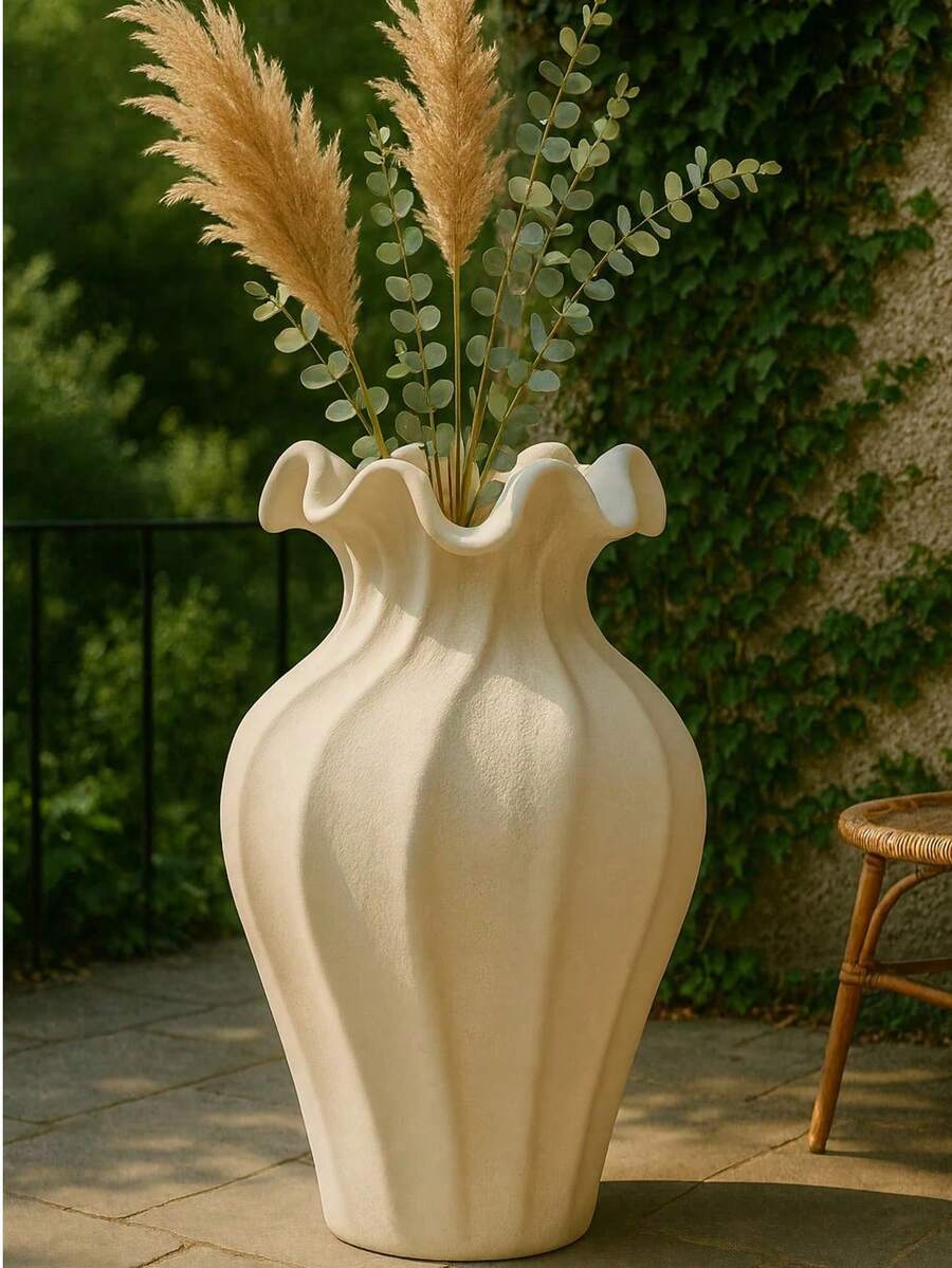 1个白色纹理树脂花瓶：时尚的人造花卉插花容器，是家居装饰、客厅点缀、卧室和办公桌摆设的理想之选。这款别致百搭的装饰品，为您的现代室内空间增添格调。 - 餃子口 - 查看 1