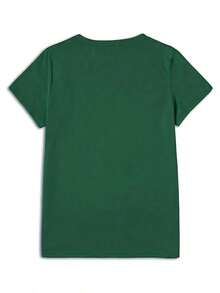 Valentine Outfits For Women2026Rhinestone Heart & Four-Leaf Clover Printed Black T-Shirt - Casual Crew Neck, Breathable,  Summer Tee With Sparkle Details - Perfect For Valentine's Day, St Patrick's Day, Everyday Wearvalentine's Day Valentines Clothes - 綠色 - 查看 2