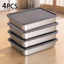 4pcs Set Of Stainless Steel Food Storage And Preservation Containers, Durable And Moisture-Resistant Kitchen Storage Boxes, Household Food Storage Containers, Portable Kitchen And Picnic Food Storage Boxes - Silver - View 4