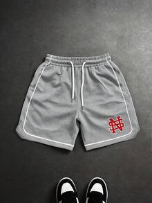 男士休闲街头风透气网眼面料撞色图案夏季运动短裤 - 灰色 - 查看 3