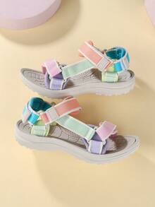 1 par de sandalias planas de color simple con diseño de cierre de gancho y bucle tejido, cómodas y frescas, unisex, adecuadas para usar en verano - Rosa - Ver 6