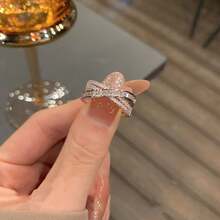1pc Bridal Bridesmaid Ring With Adjustable Open End, Crossed Lines Design, Available In Gold And Silver Plating, Double Rows Of Rhinestone Suitable For Weddings, Parties, Dates, And Daily Wear Elegant Party - Silver - View 3