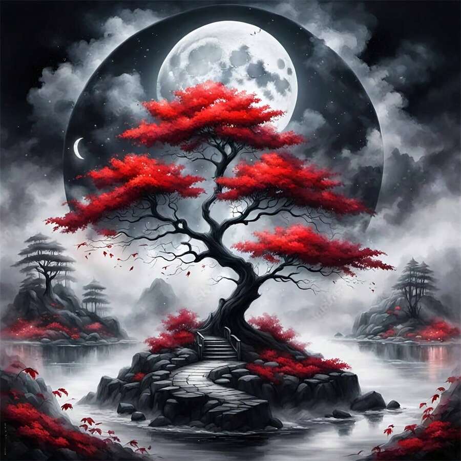 5D钻石画风景树马赛克DIY钻石画月亮图案水晶钻石工艺品 - 彩色 - 查看 1