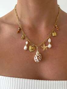 1pc Stainless Steel Heart & Pearl Pendant Necklace, Cute & Sweet Ocean Style Pendant Necklace - Gold - View 2