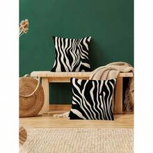 2pcs/Set Modern Style Black And White Zebra Pattern Linen Decorative Pillow Cover, 45cm*45cm/17.72in*17.72in Square, Single Side Printed, Soft And Comfortable, Suitable For Daily Home Decoration (Pillow Core Not Included) - 黑與白 - 查看 7