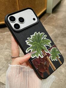 Eid Mubarak Phone Case, Camel & Date Palm Tree Pattern, Black Matte Faux Leather Texture TPU Anti-Slip Anti-Fingerprint, Arabian Desert Oasis Aesthetic Phone Case Compatible With Apple & - Black - View 5