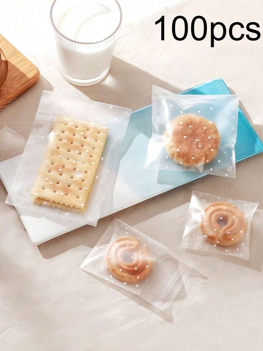 100pcs Transparent Self-Adhesive Cookie Bags, Candy Bags, Wax Paper Bags, White Polka Dot Cookie Bags, For Packaging Cookies, Candies, DIY Clear Packaging Bags, Plastic Pastry Bags, Baking Cookie Decorative Packaging Bags, Suitable For Party Gifts, Candies, Cookies, Chocolates And More. - Multicolor - View 1