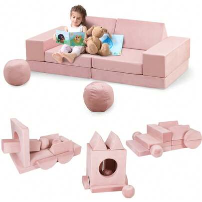 12-tlg. Modulare Kinder Spielcouch – Klappbare Sitzlandschaft mit Tunnel & 2 Bällen, Weiches Schaumstoff-Modulsystem für Spielzimmer, Indoor-Spiel und Entspannung