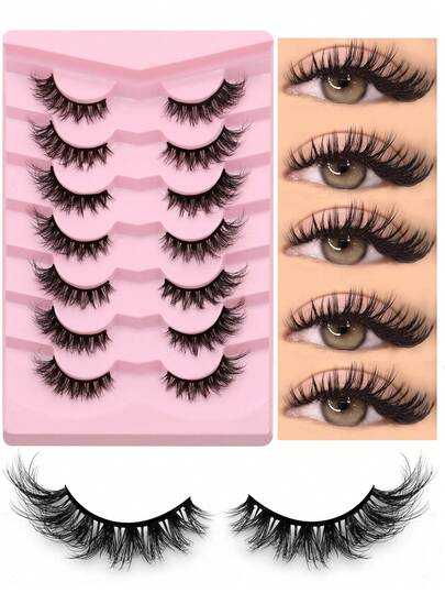 GROINNEYA 7 Pairs Natural Cat Eye Lashes, Russian Striped Lashes Thick & Fluffy Faux Mink Lashes, Soft & Fluttery False Eyelashes, Suitable For Party, Gift For Women & Girls