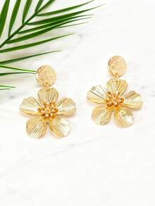 1 par de pendientes de flor dorada clásicos y creativos de moda, versátiles para uso diario, citas, fiestas, nuevos accesorios de joyería - Amarillo Oro - Ver 3