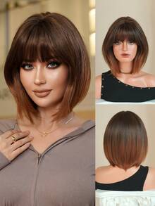 7JHH WIGS 女士短款渐变棕色层次感波波头假发，短直发带刘海，深色发根，全机织耐热合成假发，适合日常派对、音乐节庆典和角色扮演等场合佩戴，12英寸 - 漸層棕色 - 查看 3