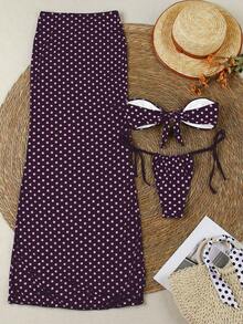 Polovedo官方新款春夏性感优雅休闲棕紫色波点印花三件套泳衣，适合海滩、约会、度假、派对等场合。随机印花，非定位印花。 - 彩色 - 查看 3