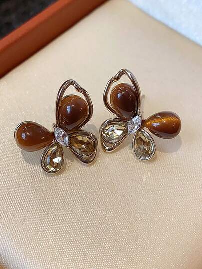 1 Pair Rhinestone & Tiger Eye Butterfly Stud Earrings, Minimalist Design