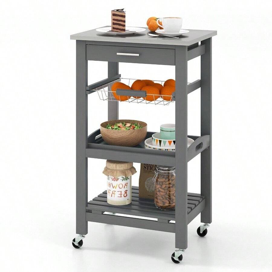 GOFLAME Rolling Kitchen Storage Trolley Cart Cupboard Island Stainless Steel Counter Top - White - View 1