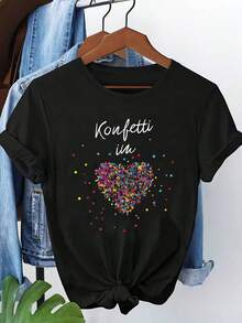 Top de Festa de Carnaval, com Design de Estampa Festiva de Bandeira - Parte Superior de Gola Redonda de Manga Curta com Estampa de Bandeira, Adequada para Carnavais, Festas a Fantasia e Eventos Temáticos (Adequada para Primavera, Verão e Outono), Roupa Casual Lavável em Máquina, Perfeita para Carnaval e Festas a Fantasia.Roupas de Dia dos Namorados para Mulheres, Roupas Plus Size para Mulheres, Dia dos Namorados Preto - Preto - Visão 1