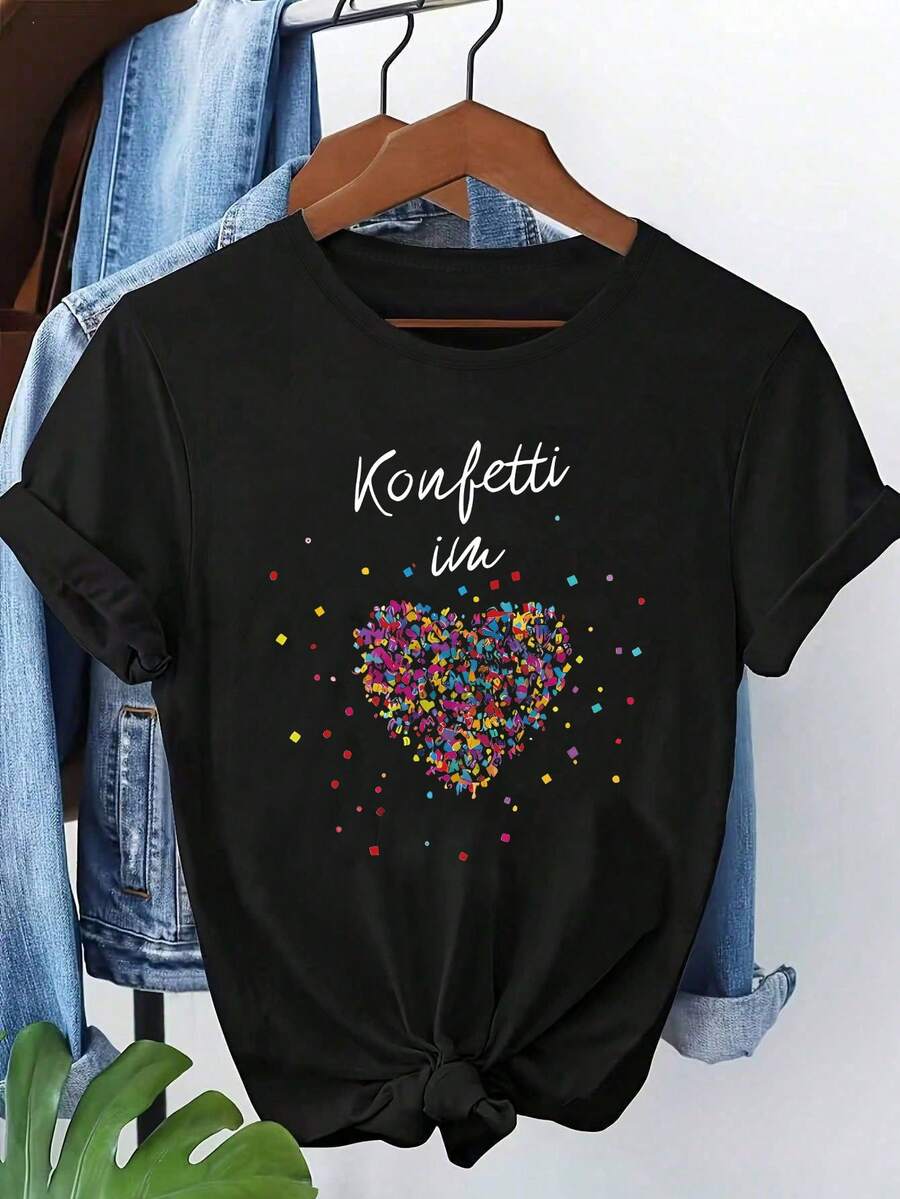 Top de Festa de Carnaval, com Design de Estampa Festiva de Bandeira - Parte Superior de Gola Redonda de Manga Curta com Estampa de Bandeira, Adequada para Carnavais, Festas a Fantasia e Eventos Temáticos (Adequada para Primavera, Verão e Outono), Roupa Casual Lavável em Máquina, Perfeita para Carnaval e Festas a Fantasia.Roupas de Dia dos Namorados para Mulheres, Roupas Plus Size para Mulheres, Dia dos Namorados Preto - Preto - Visão 1