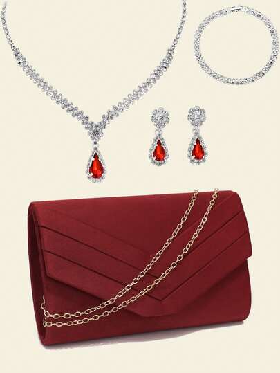 New Arrival Evening Bags Envelope Shaped Cover Golden Clutch Bags Velvet Vintage Pocket Money Bags Fahsion Lady Girl Best Prom Handbags With Chain Shoulder Purse With Elegant Rhinestones Necklace Earrings Bracelet Jewelry Set For Wedding Bridal