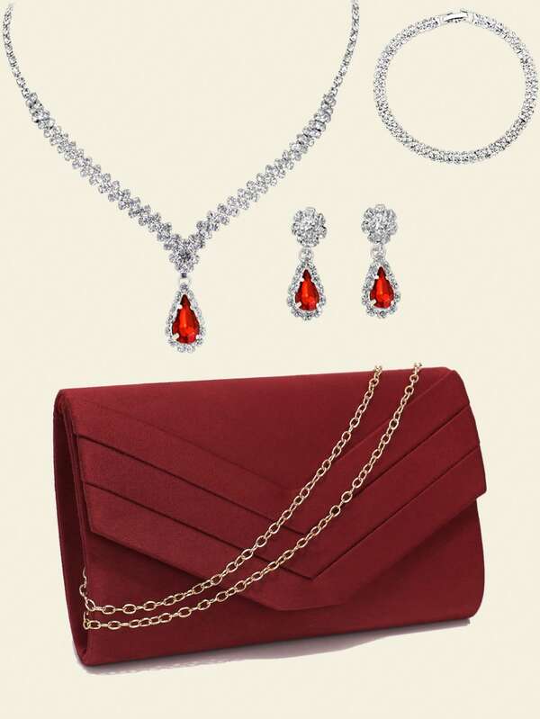 New Arrival Evening Bags Envelope Shaped Cover Golden Clutch Bags Velvet Vintage Pocket Money Bags Fahsion Lady Girl Best Prom Handbags With Chain Shoulder Purse With Elegant Rhinestones Necklace Earrings Bracelet Jewelry Set For Wedding Bridal