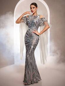 女士圆领亮片网纱拼接紧身长裙 - 銀色 - 查看 5