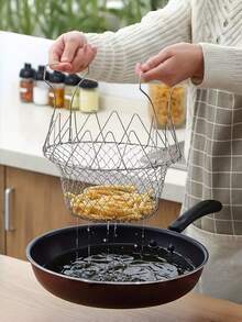 1pc Stainless Steel Frying Basket, Collapsible Home Frying Basket, Multi-Function Kitchen Strainer Basket - Multicolor - View 7