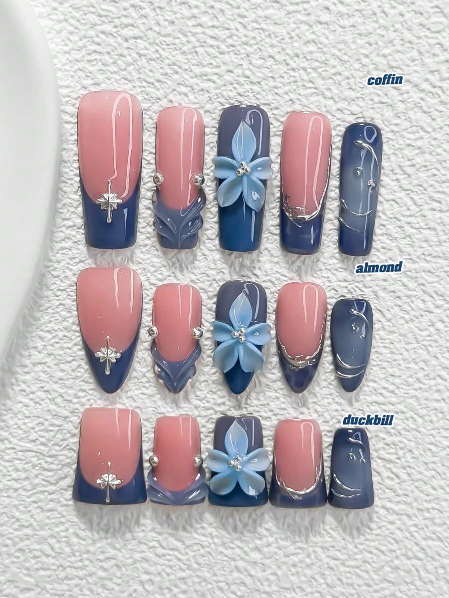 Bộ dụng cụ làm móng nghệ thuật phong cách nghỉ dưỡng tươi mới và thoải mái gồm 10 món, bao gồm miếng dán móng acrylic, hoa 5 cánh màu xanh gradient thủ công, họa tiết ngôi sao bạc, họa tiết sóng bạc trắng vẽ tay, sơn móng tay màu xanh dương, cùng dụng cụ làm móng (1 miếng dán gel + 1 dũa móng) với 3 kích cỡ: hình hạnh nhân, hình mỏ vịt, hình quan tài. - Nhiều màu - Xem 1