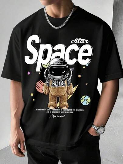 Mens Tshirts Shirts Manfinity Homme Men's Black T-Shirt With Astronaut Bear Print Graphic T Shirts For Men Men T Shirts Graphic Men Graphic T Shirts T Shirt For Men Men's Pure Cotton T-Shirt Effortless Styling, Showcase Your Unique Style Men's Fashion Print Casual T-Shirt Casual Summer T-Shirt, Comfortable Outdoor Casual Wear