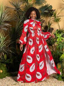 Faeriesty Plus Size Women's Elegant Red Floral Print Dress, With Fashionable Floral Pattern, Lantern Sleeves, Slit Design, Suitable For Elegant Party, Beach Vacation Spring - Red - View 6