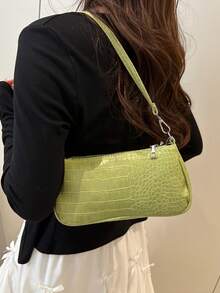 女士鳄鱼纹法棍包，新款时尚手提包，配有肩带，简约腋下包 - 綠色 - 查看 3