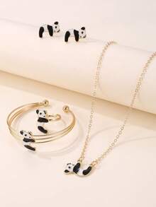 5pcs/Set Girls' Panda Necklace, Bracelet, Ring, Earrings Jewelry Set - Multicolor - View 2