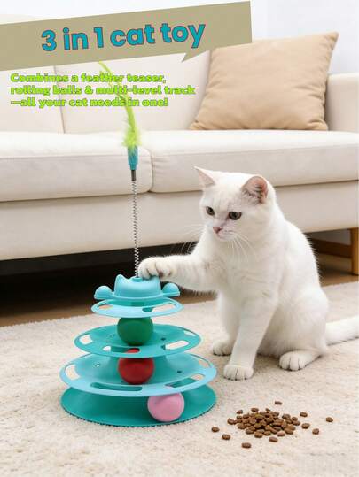 三层轨迹球猫玩具，配有随机羽毛，互动式猫玩具，可供猫咪自娱自乐，趣味猫咪用品及室内娱乐配件