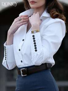 DONICY 女士修身长袖衬衫，纹理面料，翻领配黑色纽扣和开衩袖口，适合办公室和正式场合。 - 白色 - 查看 4