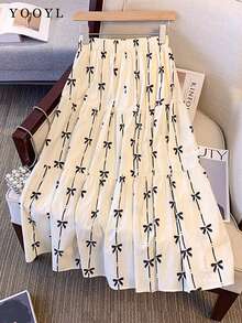 Yooly Bow Print Bohemian Casual Fashion Rubber Band Waist Skirt - Apricot - View 1