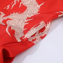 Chinese Style Retro Loose Mid-Length Festive Red Dragon Print Kimono Cardigan, Casual Home Robe With Tie Waist, Lightweight Summer Beach Cover-Up, Thin Outerwear - Red - View 10