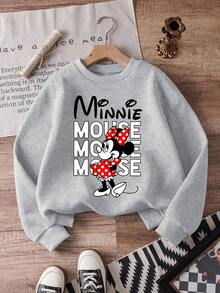 1pc Disney Minnie Mouse Cheerful Typography & Character Art Tween Girls Casual Sweatshirt, Comfortable & Easy-Care, Perfect For School & Hangouts - Xám - Xem 1