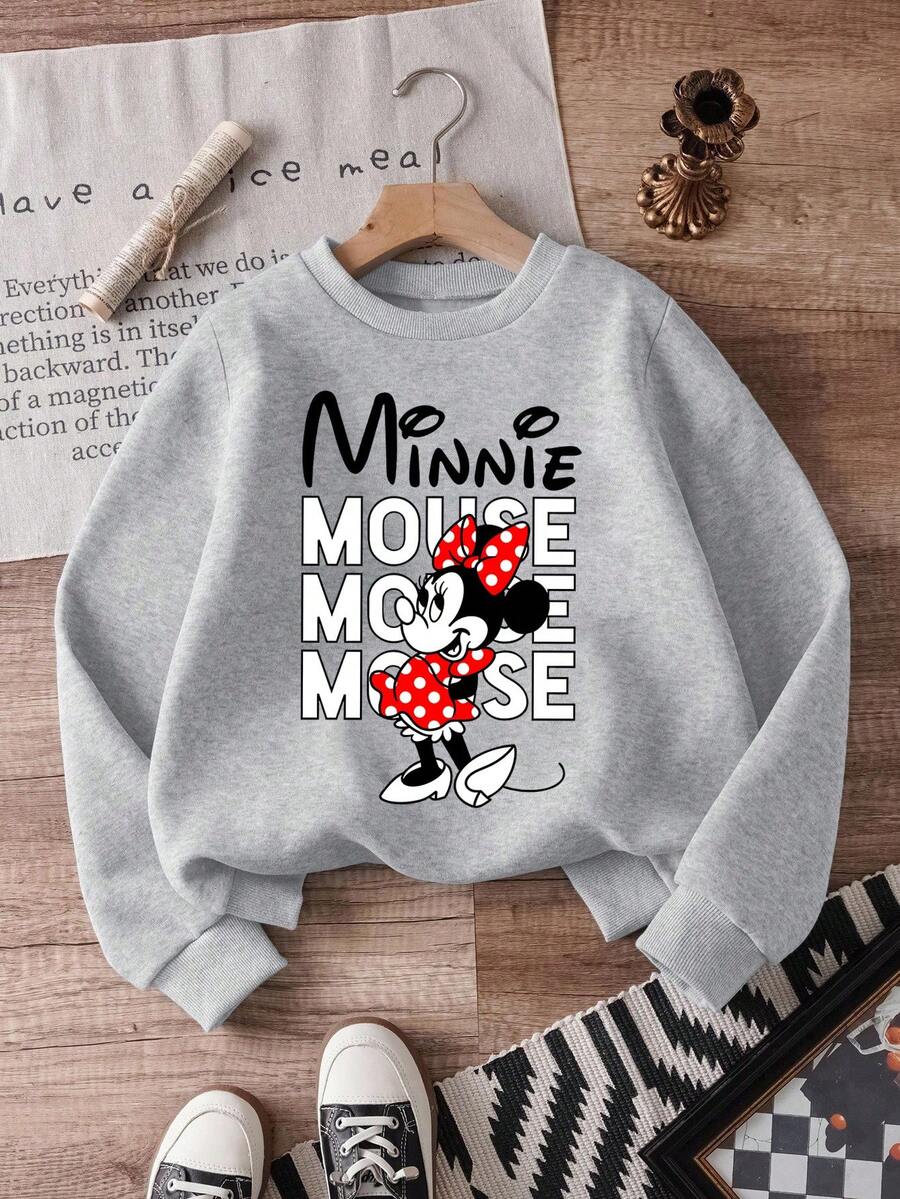 1pc Disney Minnie Mouse Cheerful Typography & Character Art Tween Girls Casual Sweatshirt, Comfortable & Easy-Care, Perfect For School & Hangouts - Xám - Xem 1