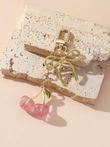 1pc Unisex New Shiny Faux Cherry Keychain Fashionable Delicate 3D Cherry Bow Bag Charm Travel Essentials Kawaii Chinese - Pink - View 5