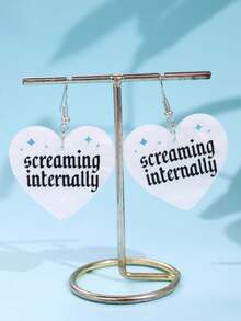 1件 时尚创意设计独特精致小众蓝色星星“内心呐喊”字母白色珍珠心形亚克力耳环，女士日常、派对、通勤、节日饰品 - 彩色 - 查看 4