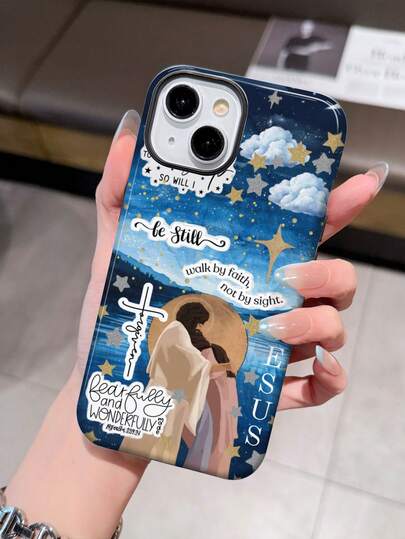 1pc Religious Graphic Cross & Star Positive Energy Slogan Pattern Glossy 2-In-1 Phile Shell Full Coverage Phone Hard Case Compatible With Samsung/Compatible With IPhone 11/12/13/14/15/16/17 Pro Max