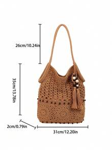 Women's Simple And Versatile, High-Quality, Large-Capacity Woven Tote Bag With Charm Embellishment, Perfect For Everyday Use And Vacations. - Khaki - View 2