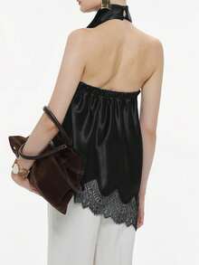 Women's Top Elegant Funnel Neck Backless Lace Contrast Solid Satin Top - Black - View 3