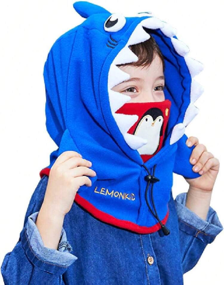 Pasamontañas Niños Sombrero Grueso Térmico Anti-Viento Ajustable Cubierta de Capucha para Esquí Ciclismo - 02 - Azul - Tiburón - Añade 15
