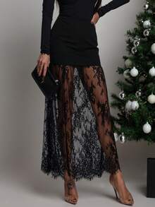 Nueva falda transparente con parches de encaje elegante, adecuada para citas y vacaciones a principios de primavera - Negro - Ver 3