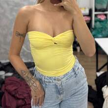 Antonella Premium Polyamide Top, Wrap Style, Luna Fashion, Party, Summer, High Versatility, Perfect Fit, Fabric, Backless, Asymmetrical Strapless Top, Night. - 黃色 - 查看 3