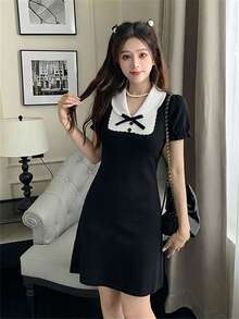 夏季黑白撞色针织迷你连衣裙 - 优雅纯正的Yurty甜美休闲学院风街头Y2K短袖彼得潘领蝴蝶结装饰荷叶边袖口修身A字女装连衣裙及上衣 | 适合年轻女士、甜美女孩、Y2K女孩和性感女孩，完美适用于情人节/妇女节/母亲节/休闲聚会/海滩度假/派对聚会/返校季/婚礼季/音乐节/2026春季学院风针织连衣裙 - 黑色 - 查看 7