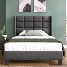 Upholstered Bed With A Modern Design And Padded Headboard. Single Slatted Bed, 90 X 200 Cm, In Grey Linen, Medium Firmness (Mattress Not Included). - Grey + Linen + 90cm*200cm - View 1