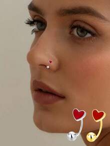 1件S925纯银红色珐琅心形鼻环/鼻钉，适合女性日常佩戴，送给闺蜜/母亲节的礼物 - 單隻 - 查看 1