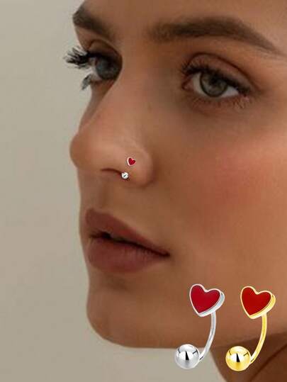 1件S925纯银红色珐琅心形鼻环/鼻钉，适合女性日常佩戴，送给闺蜜/母亲节的礼物