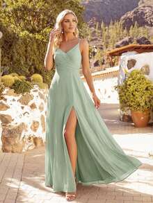 EVERPRETTY Elegant Sexy Solid Color Spaghetti Strap Slit Sage Green Bridesmaid Dress, Wedding Guest Dress - Mint Green - View 6