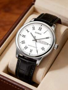 Casio 卡西欧男士石英表，真皮表带，白色罗马数字表盘，日期显示，三指针模拟腕表，适合日常休闲佩戴 - 白色 - 查看 1